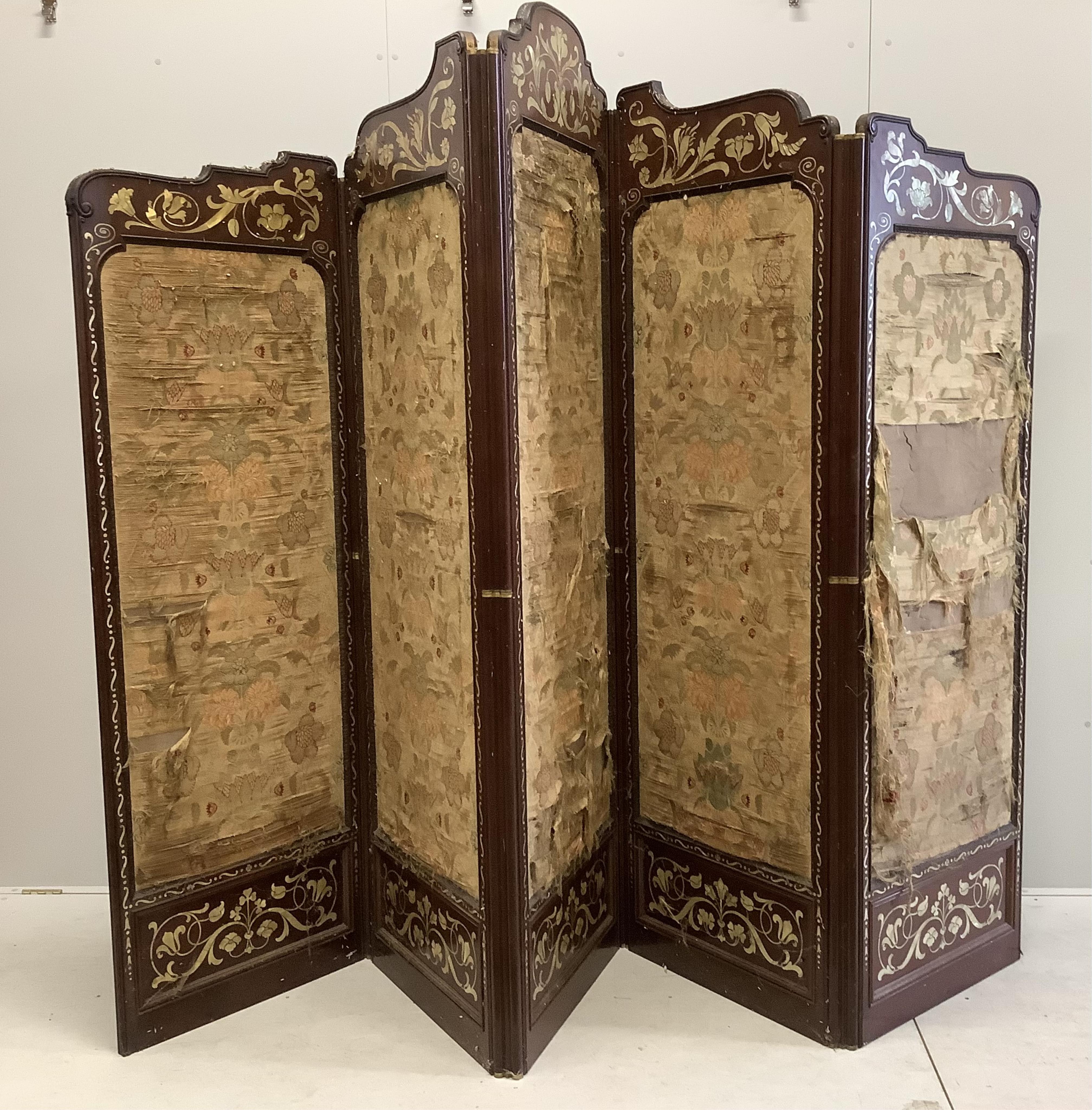 An Art Nouveau mother of pearl inlaid five fold screen, inset silk thread embroidered panels, largest panel width 64cm, height 213cm. Condition - fair to good, one panel poor